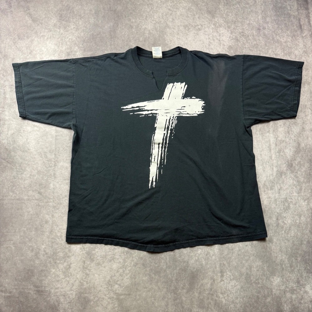 Gildan Ultra Cotton Black Cross Graphic T-Shirt Mens 2XL Modified Neck Vtg Look
